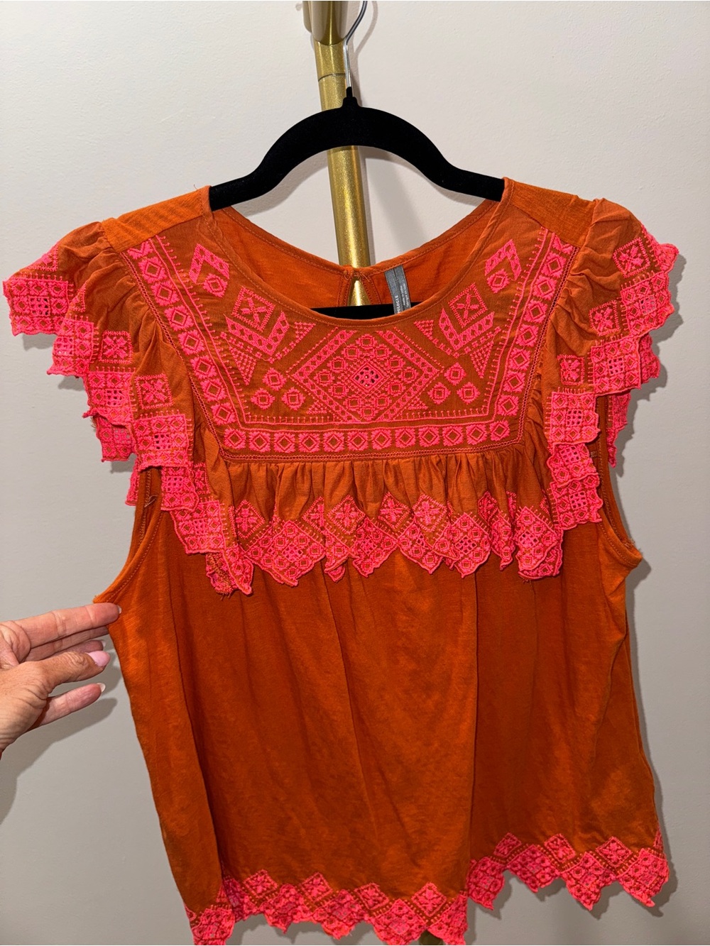 Anthropologie Orange Sleeveless Top with Pink Crochet Accents